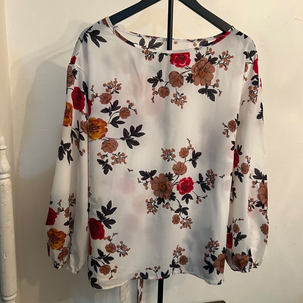 Shein Curve Women's 1XL Floral Print Long Sleeve Blouse White Red Brown